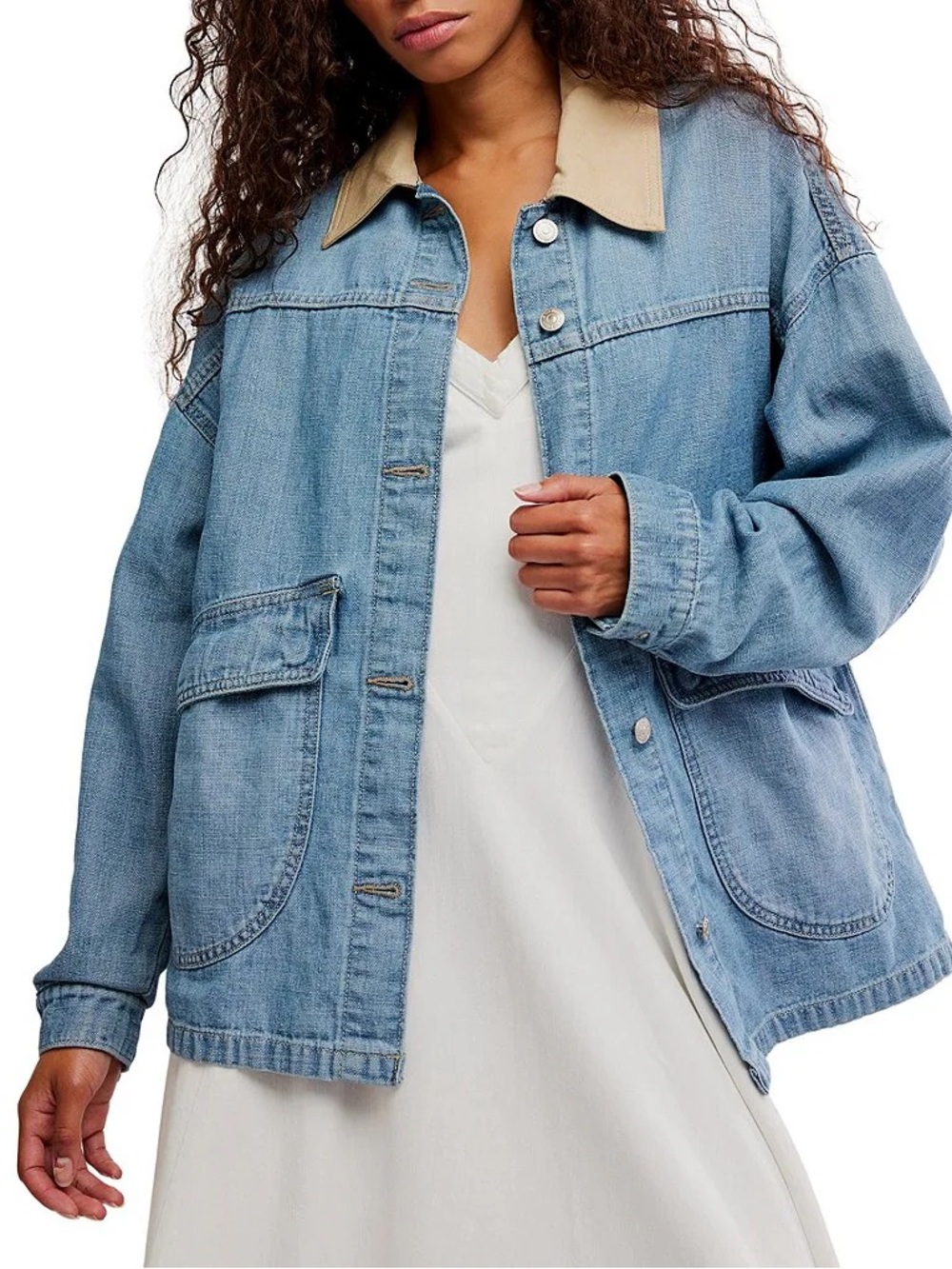 Light Blue Denim Jacket with Tan Collar - Women's Relaxed Jean Jacket